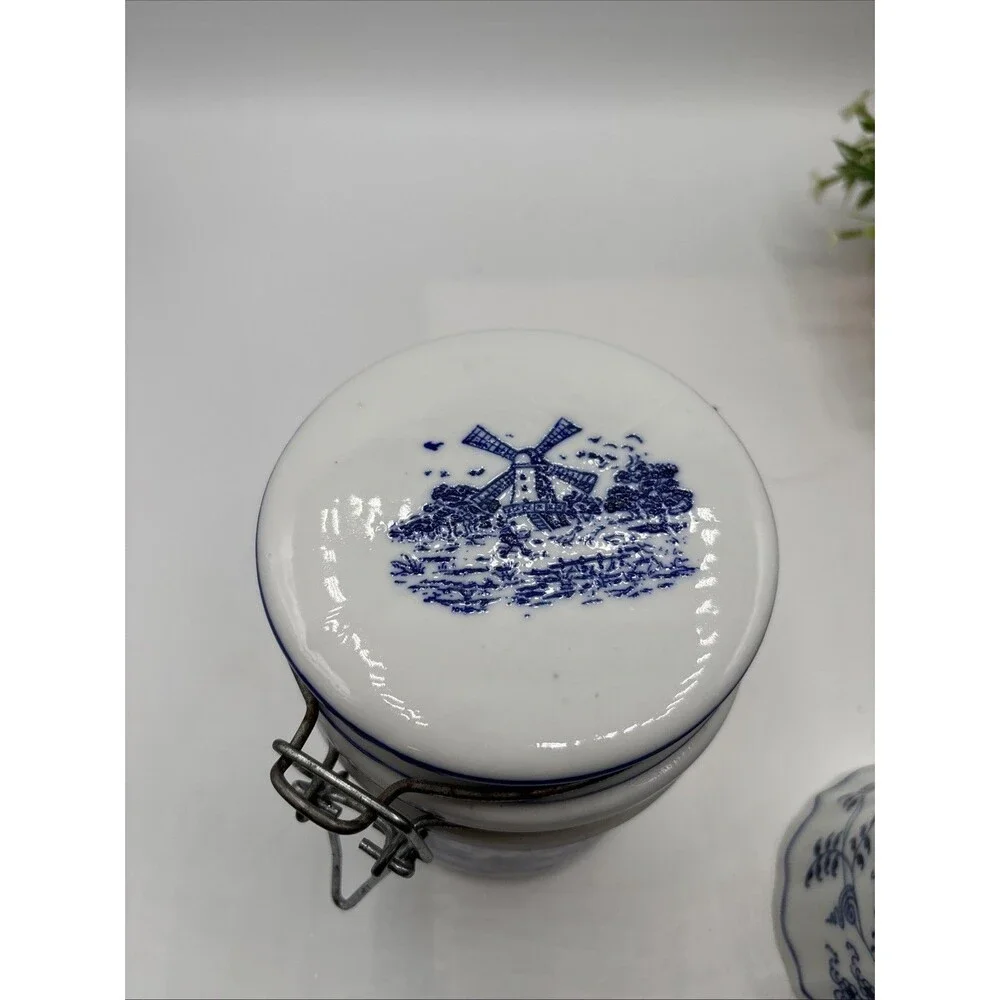 Vtg Teleflora Delft Blue White Dutch Windmill canister jar crock 5